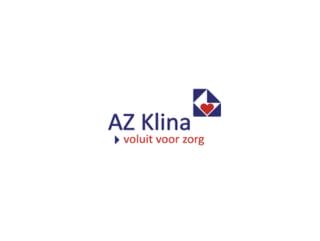 AZ Klina logo featuring a red heart within a blue square and the text "AZ Klina voluit voor zorg" in blue and red.