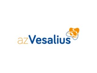 Logo of az Vesalius with az in orange and Vesalius in blue, featuring an abstract design of a human figure in orange and white on the right.