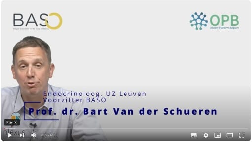 A man is speaking in front of a white background, with logos for BASO and OPB visible. Text identifies him as Prof. dr. Bart Van der Schueren, Endocrinologist at UZ Leuven and chairman of BASO.