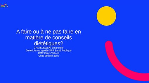 Blue background with yellow and red abstract shapes, featuring French text about dietetics advice by Emmanuelle Chmielewski.