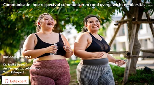 Two people in activewear smiling and holding water bottles outdoors. Text discusses respectful communication about overweight and obesity.