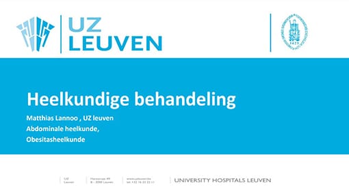 Presentation slide from UZ Leuven on surgical treatment, featuring speaker Matthias Lannoo and topics of abdominal surgery and obesity surgery.