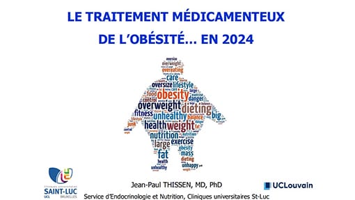 Word cloud in silhouette of a person with terms like "obesity," "overweight," and "dieting." Title reads: "Le traitement médicamenteux de l’obésité… en 2024." Logos of Saint-Luc and UCLouvain.