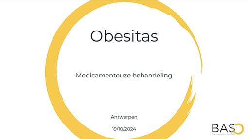 Presentation slide titled "Obesitas, Medicamenteuze behandeling," with a circular yellow design. Location: Antwerp; Date: 19/10/2024; Logo: BASO.