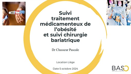 Presentation slide on medication treatment for obesity and bariatric surgery follow-up, by Dr. Chasseur Pascale. Location: Liège. Date: October 5, 2024.