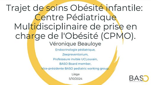 Announcement for a symposium on pediatric obesity treatment at the CPMO, featuring speakers including Véronique Beauloye. Event in Liège on 5/10/2024.