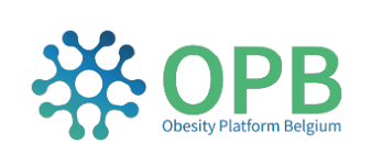 Logo of Obesity Platform Belgium with a blue abstract shape and green "OPB" text.