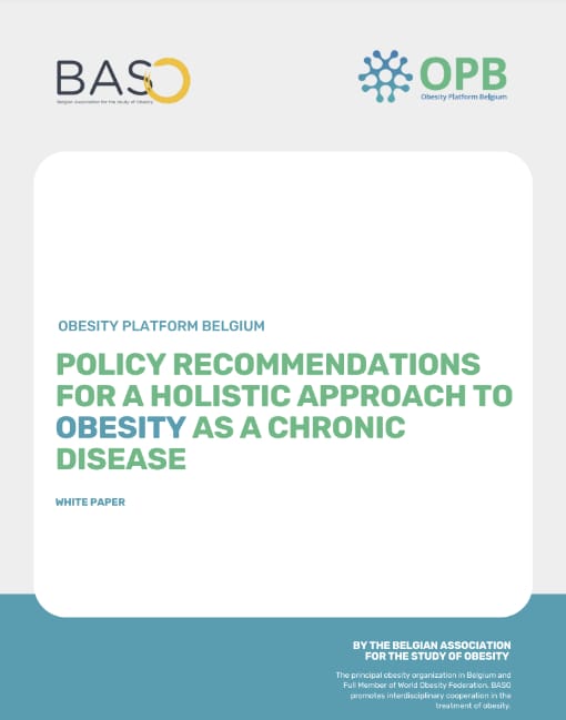 Cover of a white paper by Obesity Platform Belgium titled "Policy Recommendations for a Holistic Approach to Obesity as a Chronic Disease," with BASO and OPB logos.