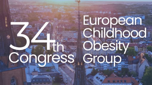 Background shows a cityscape with the text "34th Congress European Childhood Obesity Group" overlaying the image.