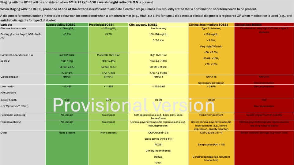 A flowchart outlining criteria for diabetes and cardiovascular risk, including categories for BMI, glucose levels, and LDL cholesterol, with a "Provisional version" watermark.