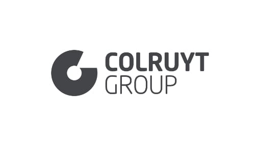 Logo of Colruyt Group in grayscale, featuring a stylized "C" with the group name beside it in bold, uppercase letters.