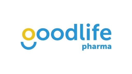 Le logo de Goodlife Pharma présente le nom en minuscules bleues, avec une lettre "g" stylisée incorporant des demi-cercles jaunes et bleus. Goodlife Pharma logo features the name in lowercase blue text, with a stylized letter "g" incorporating yellow and blue semicircles.