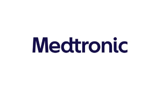 Logo textuel affichant le mot "Medtronic" en lettres bleues sur fond blanc. Text logo displaying the word "Medtronic" in blue letters on a white background.