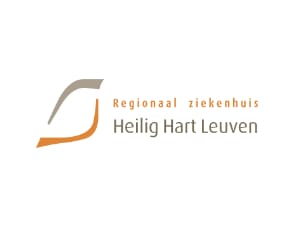 Logo of Regionaal Ziekenhuis Heilig Hart Leuven with orange and grey abstract shapes and the hospital name in Dutch.