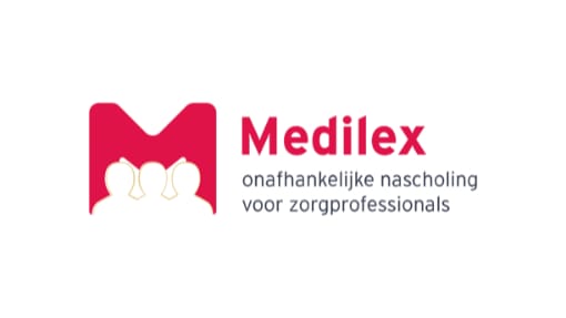 Medilex logo met drie omlijnde figuren onder een grote rode “M” en Nederlandse tekst: “onafhankelijke nascholing voor zorgprofessionals. Medilex logo with three outlined figures under a large red "M" and Dutch text: "onafhankelijke nascholing voor zorgprofessionals.