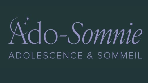 Logo with the text "Ado-Somnie" and "Adolescence & Sommeil" in light purple on a dark background.