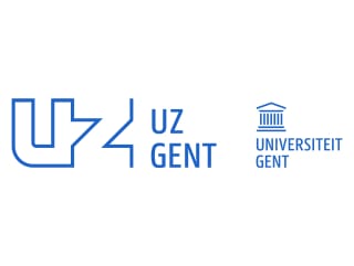 Logos for UZ Gent and Universiteit Gent in blue; UZ Gent logo on the left, Universiteit Gent logo with a stylised building on the right.