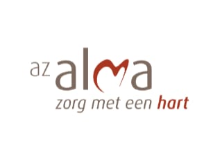 Logo for "az alma" with the text "zorg met een hart." The "m" in "alma" is stylised as a red heart. Text is in brown and red on a white background.